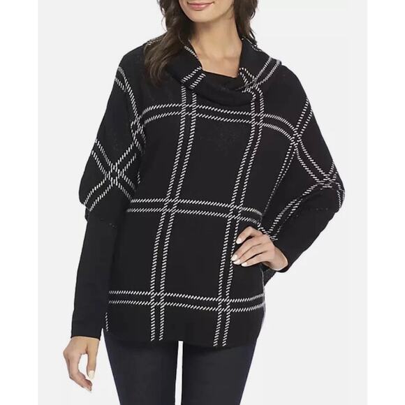 Fever Sweaters - Fever Women’s L/XL Black White Plaid Cowl Neck Poncho Cotton Sweater NWT